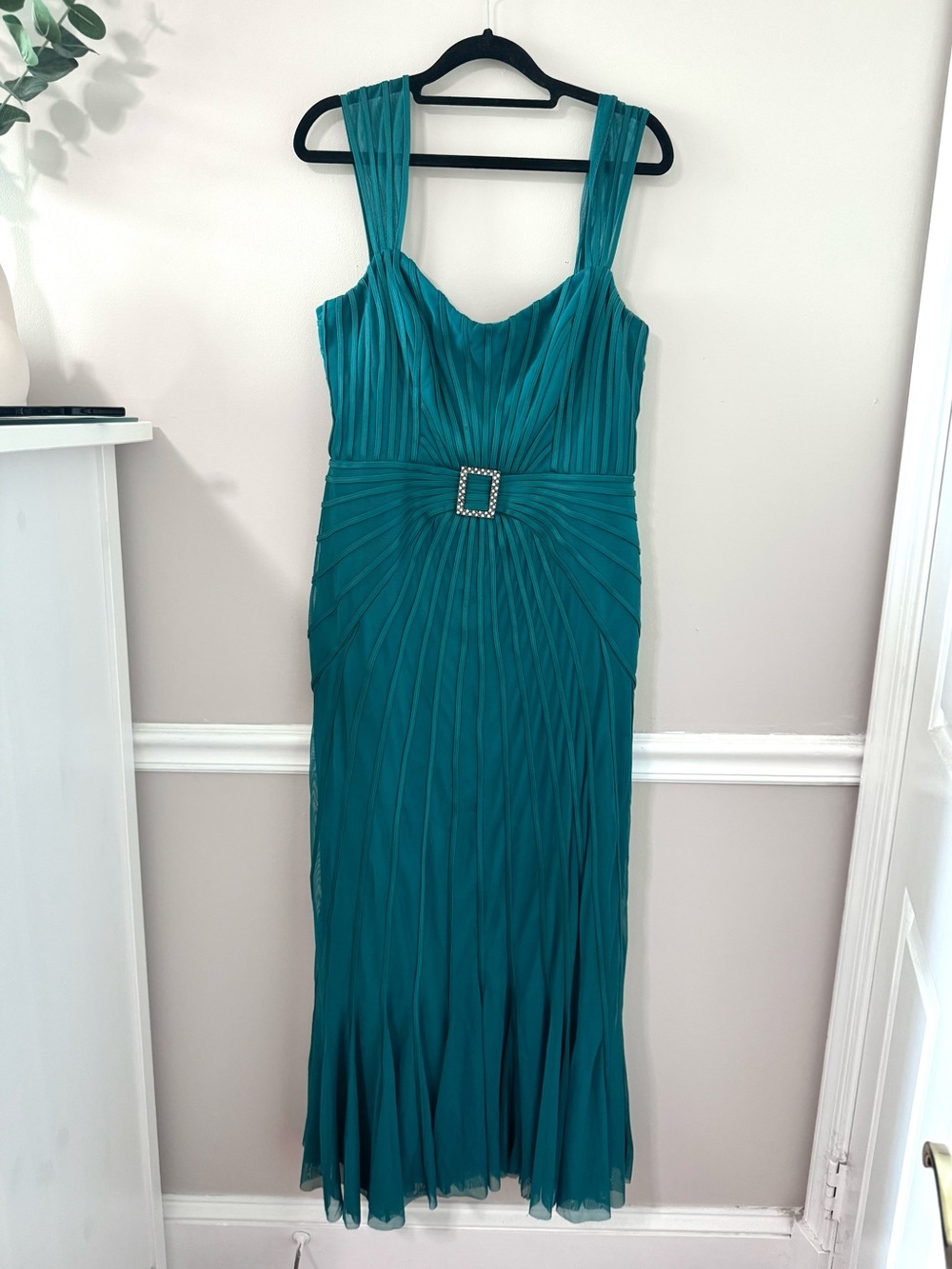 Teal Pleated Maxi Dress with Rhinestone Buckle Evening Gown